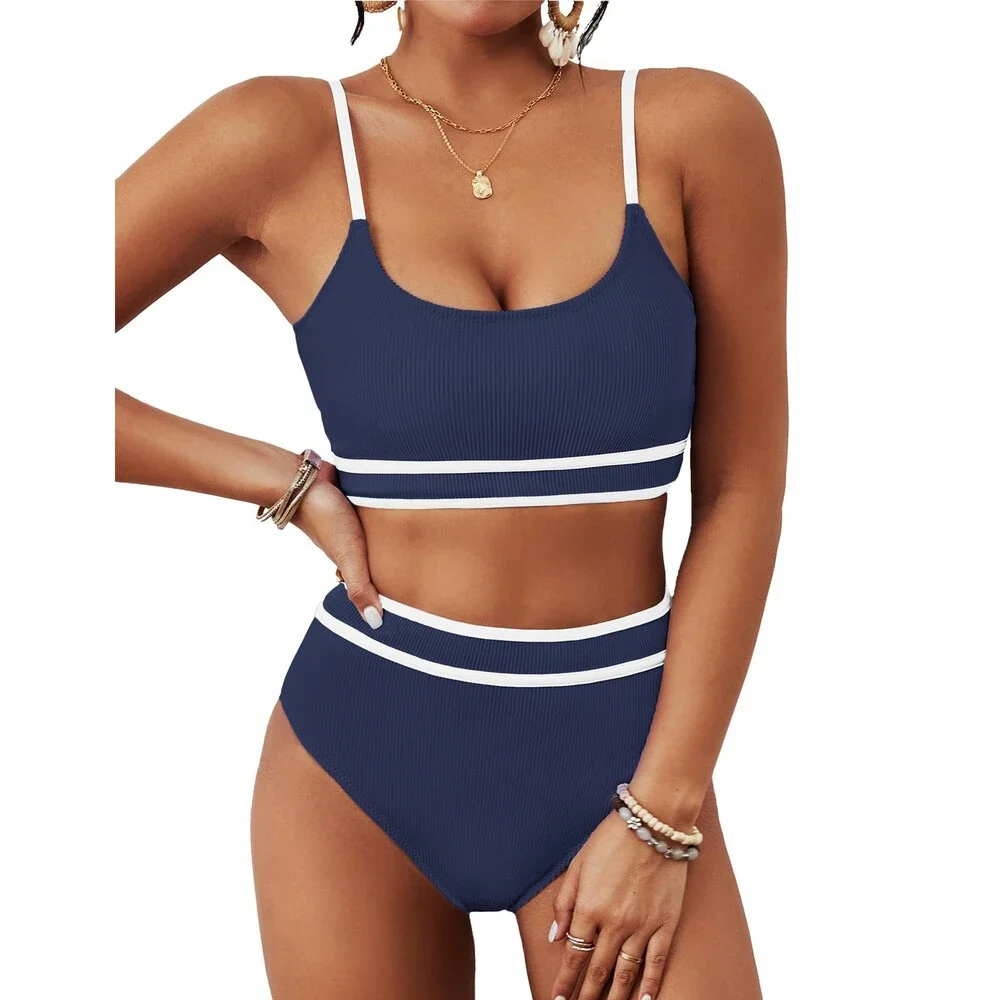 BMJL Women's Navy Blue High Waisted Bikini Ribbed Two Piece Swimsuit Cut Color M